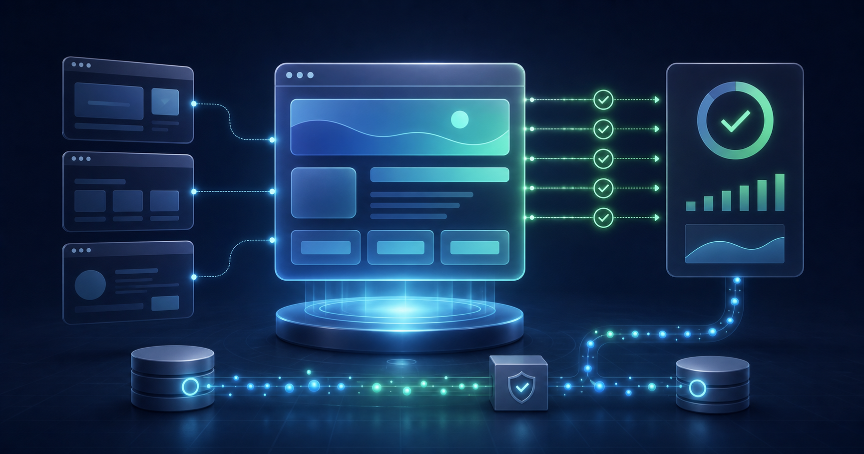 A web product connected to cross-browser checks, API verification, and a visible automated test report.