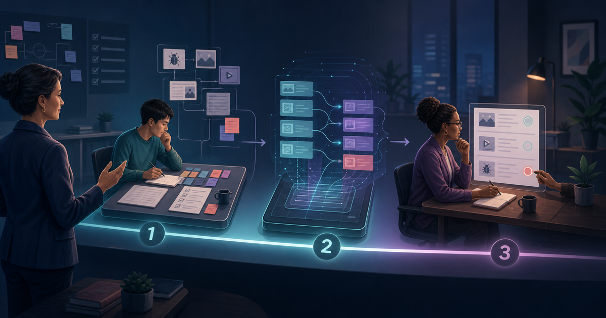 A QA team organizes verified testing evidence into a structured defect report with AI assisting the workflow while people retain review and approval.