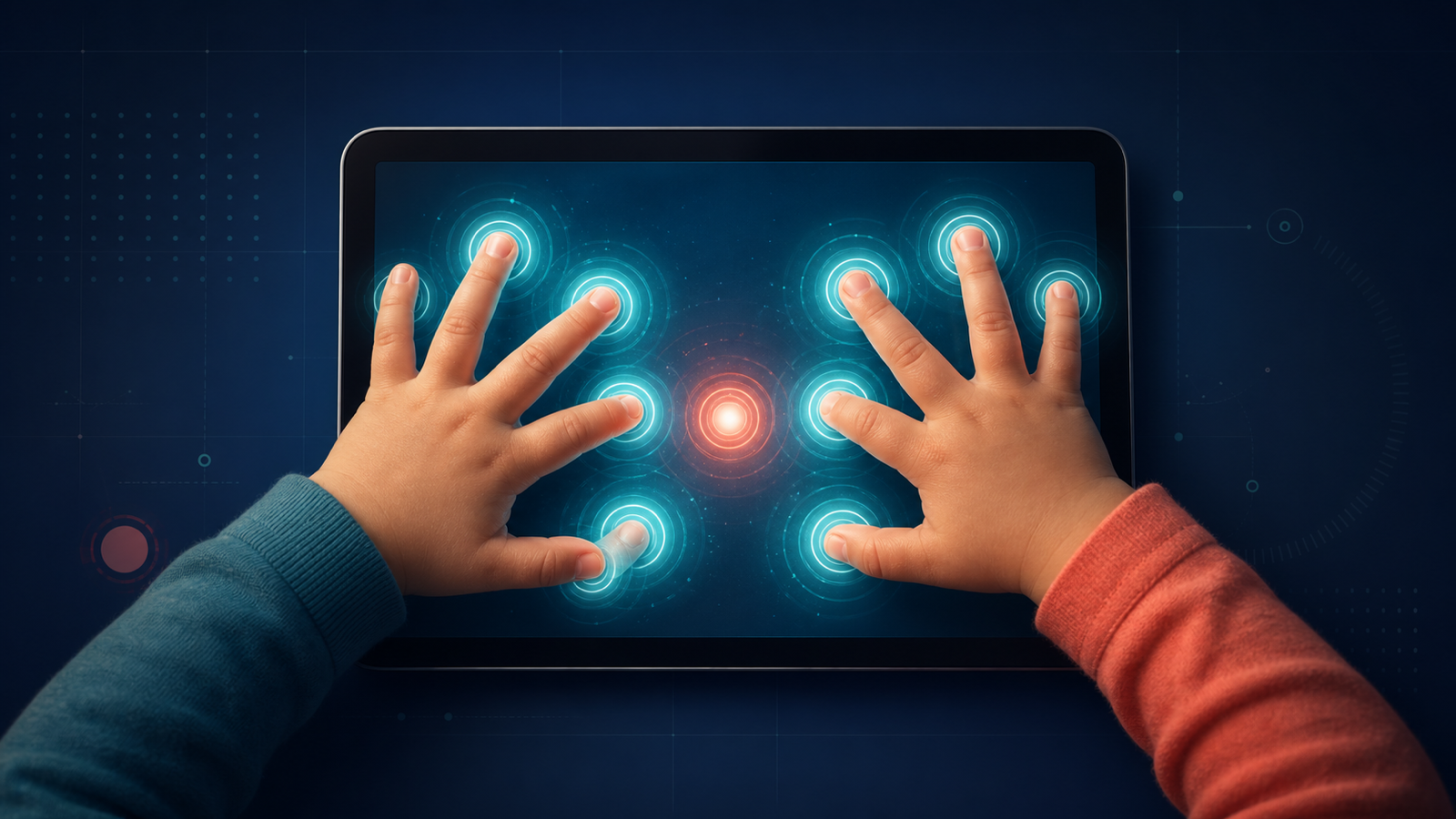 A tablet receiving many simultaneous touch points, illustrating unexpected real-world interaction during testing for young children.